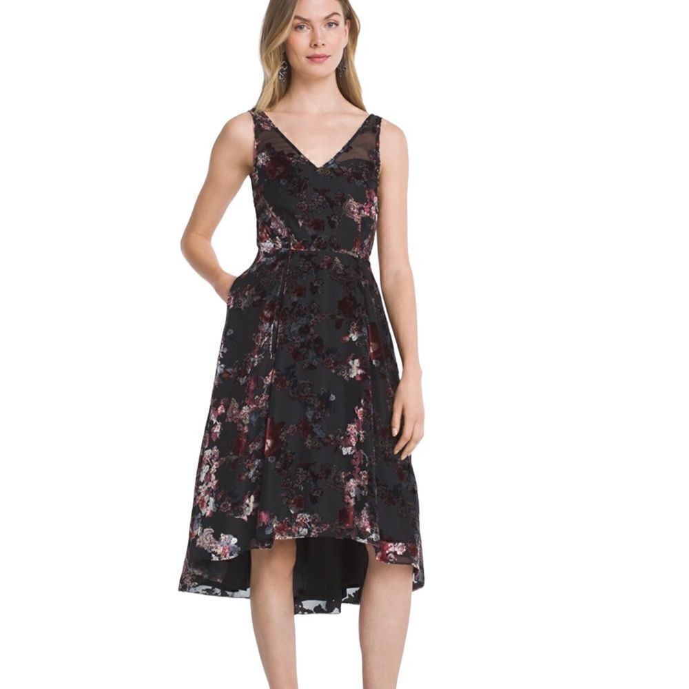 WHBM Black Pink Floral Burnout Velvet Romance Goth Fit-And-Flare Pockets Dress 4
